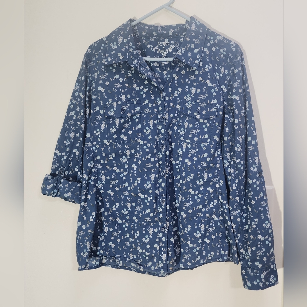 Sonoma Blue Floral 100% Cotton Button-up Top Women's XL